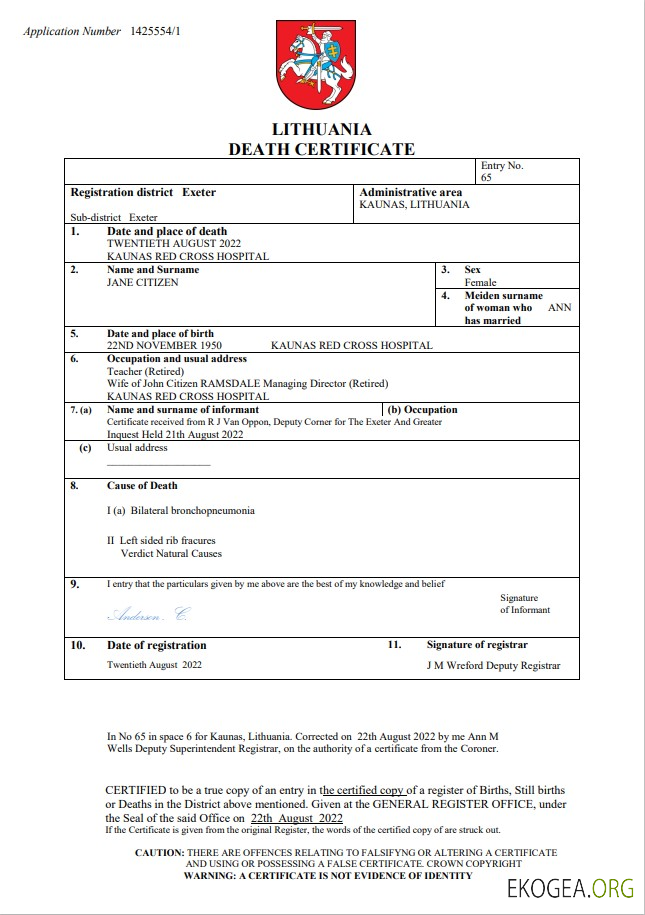 Modèle Word et PDF de certificat de décès d'état civil de Lituanie